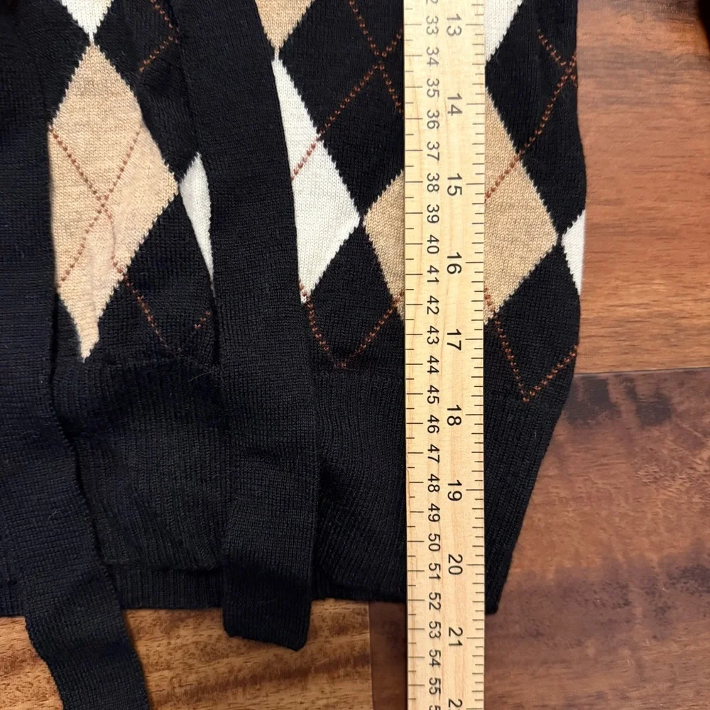 Talbots Black Argyle Tie-Front Merino Wool Cardigan 3/4 length Sleeve